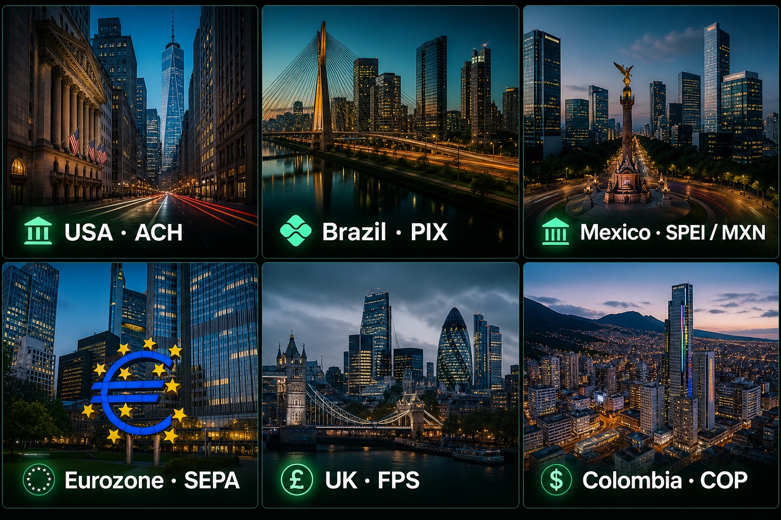 Supported countries and payment rails for USA ACH, Brazil PIX, Mexico SPEI MXN, Eurozone SEPA, UK FPS, and Colombia COP