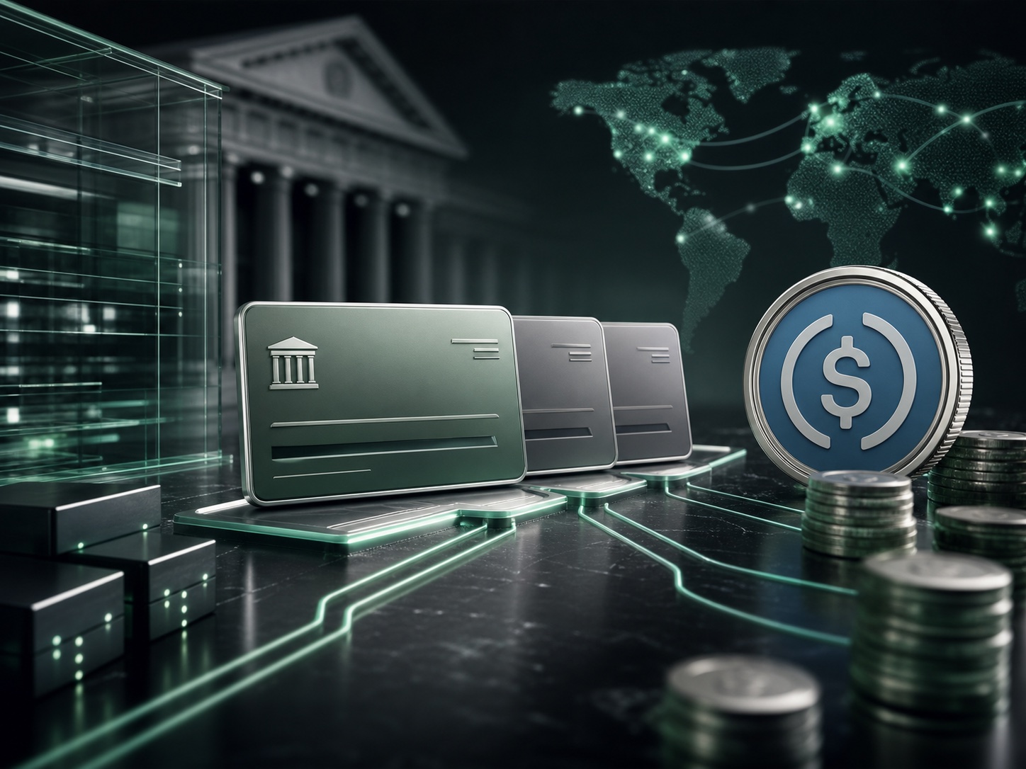 Virtual bank account cards settling into USDC