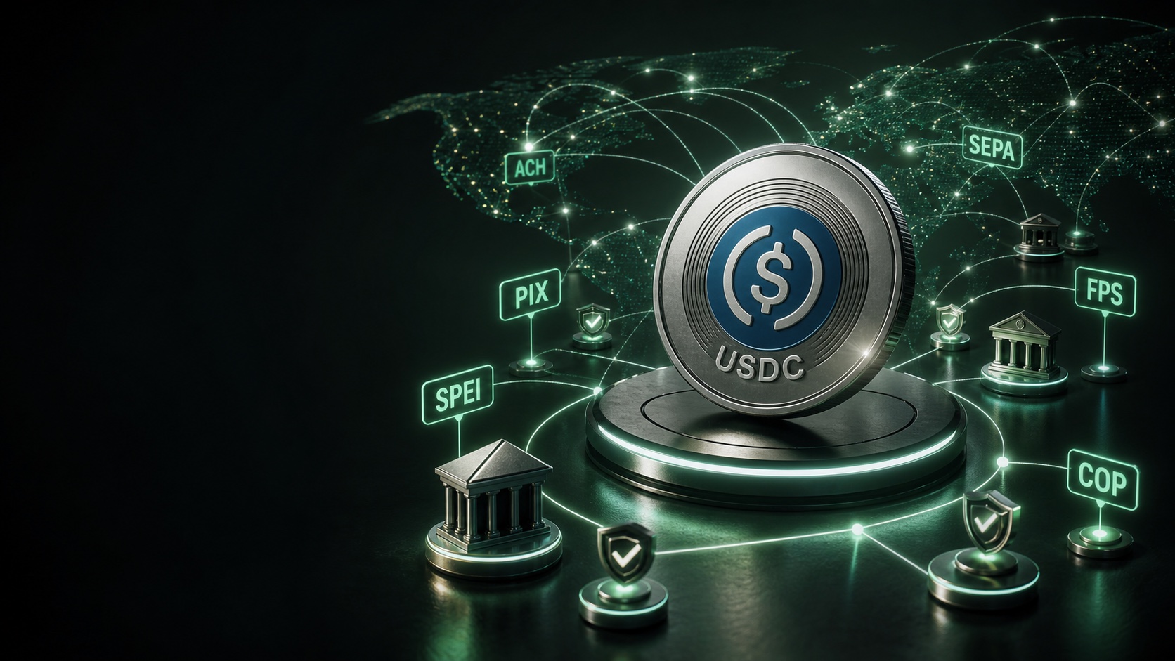 USDC token connected to ACH, PIX, SPEI, SEPA, FPS, and COP rails